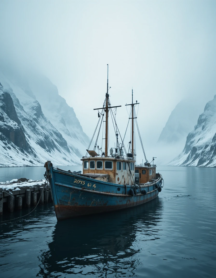 Weathered fishing boat in a foggy arctic mountain harbor