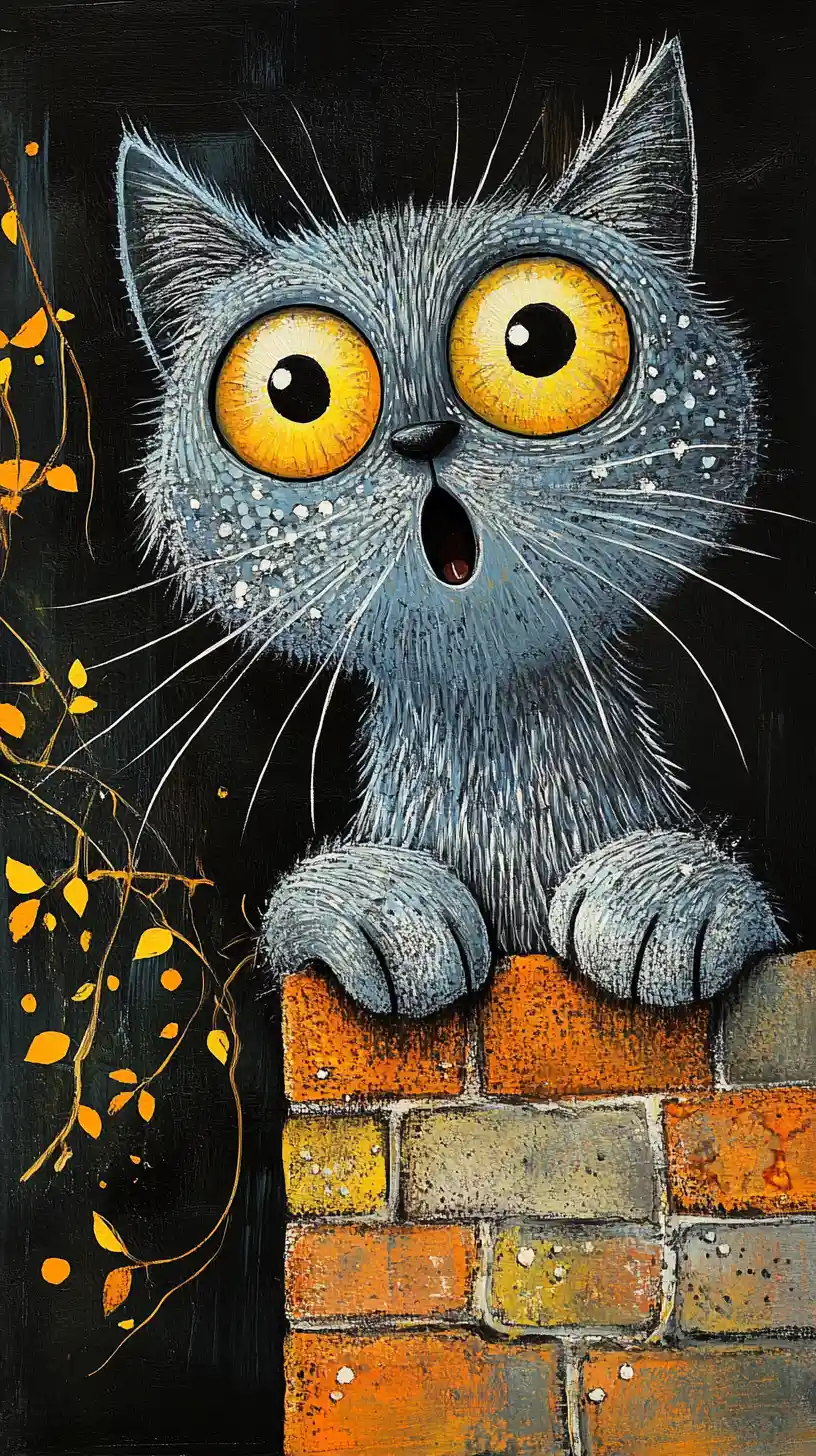 Gatto fantasy blu grigio aggrappato a un muro di mattoni arancioni