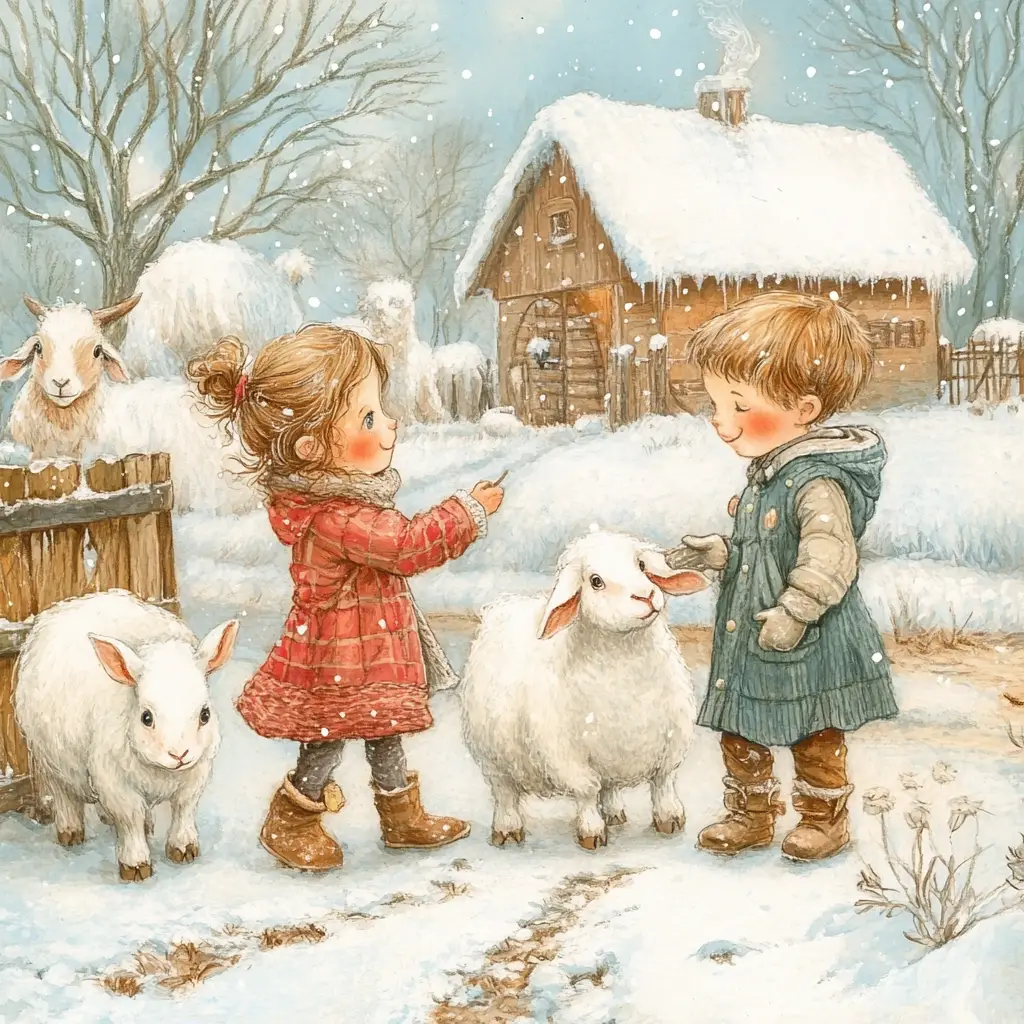 Children petting farm animals in a gentle winter scene