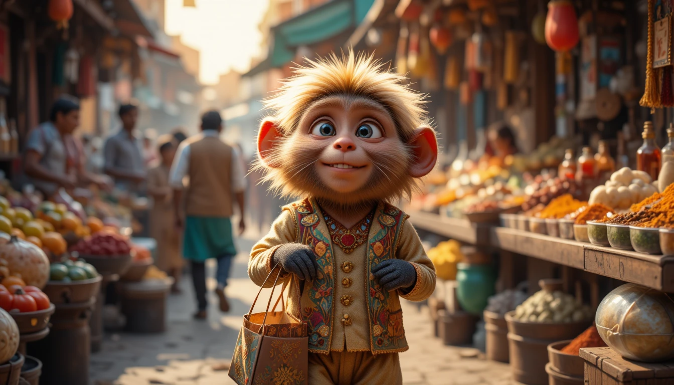 Monkey in traditional clothes exploring a busy Indian market