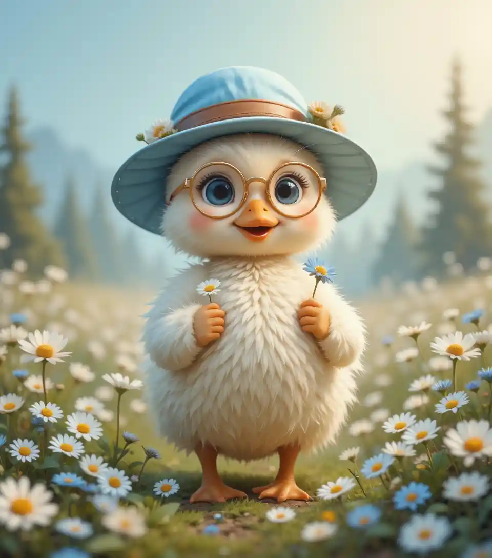 Cute Duckling In Blue Hat Holding Daisy In Meadow