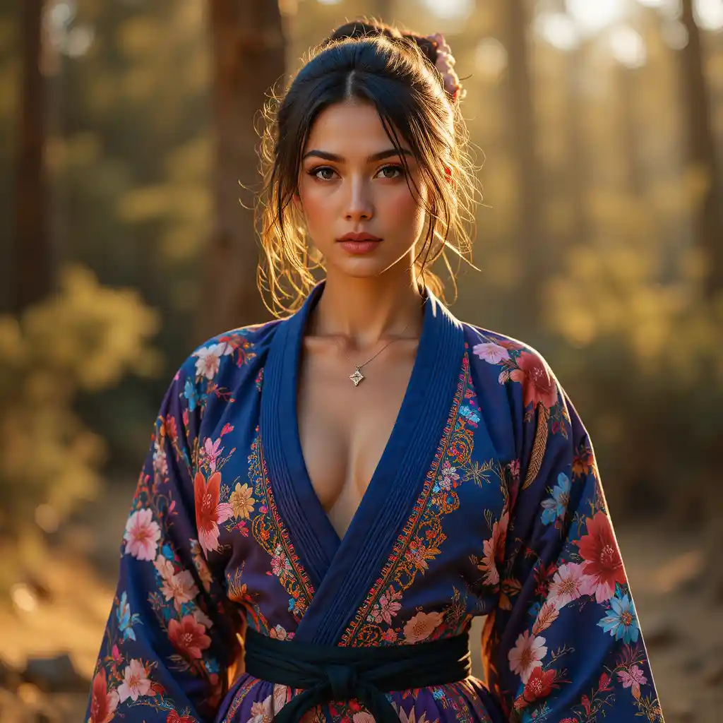 Confident female judoka in a vibrant embroidered kimono