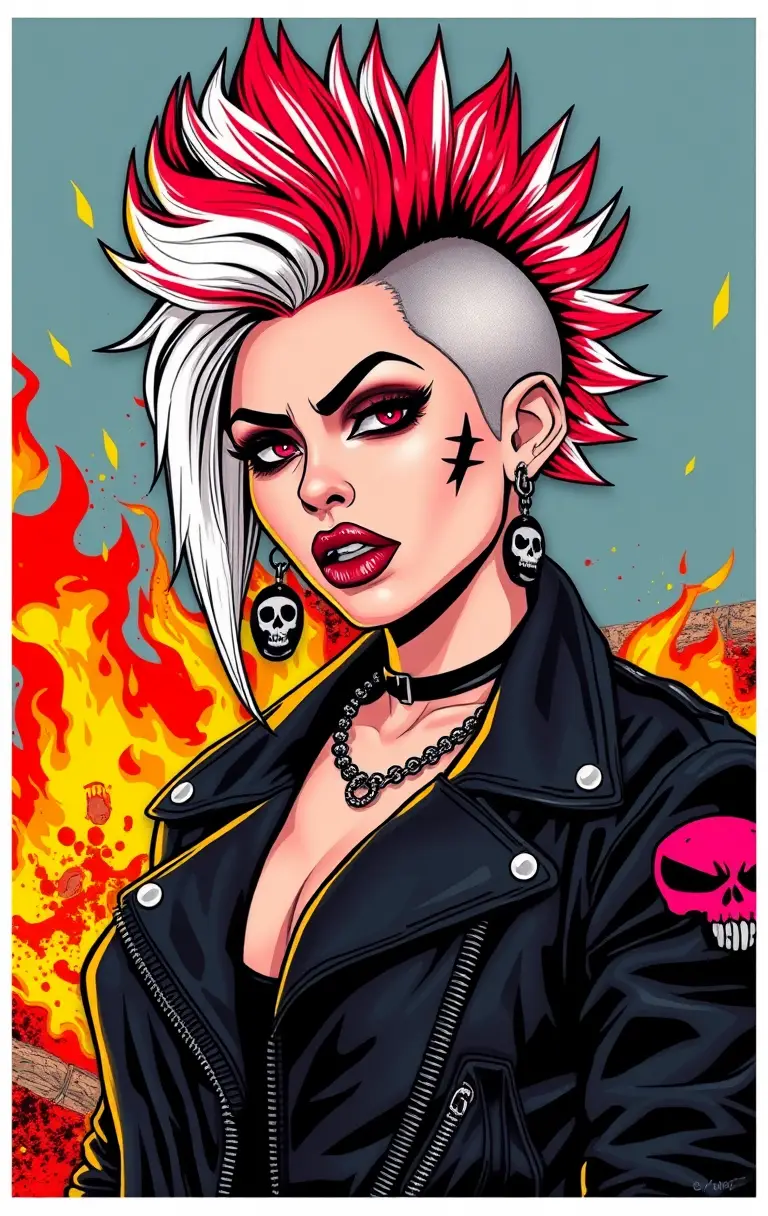 Weißhaarige Punk-Frau mit rotem Irokesen im Flammenmeer