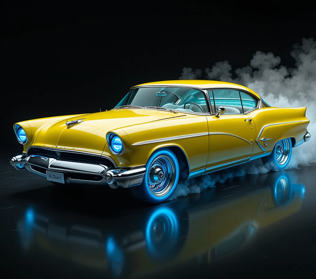 Auto custom retrò del 1955 con cerchi cromati blu elettrico
