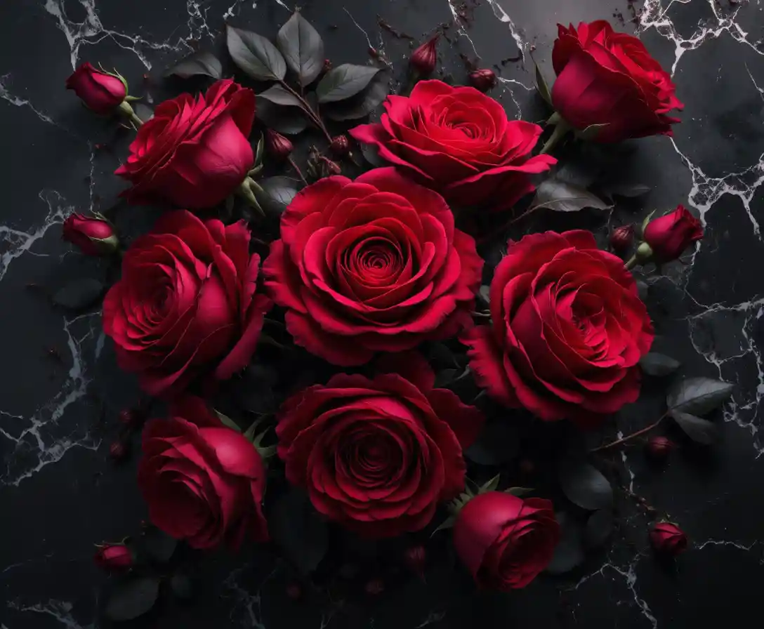 Crimson Roses On Black Marble In Dramatic Close Up