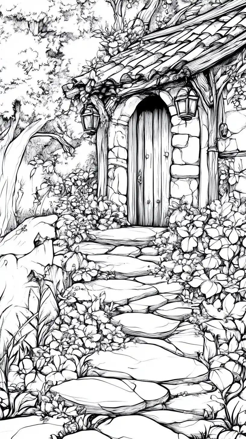 Casa tradizionale presso una cascata con bambini sui gradini di pietra