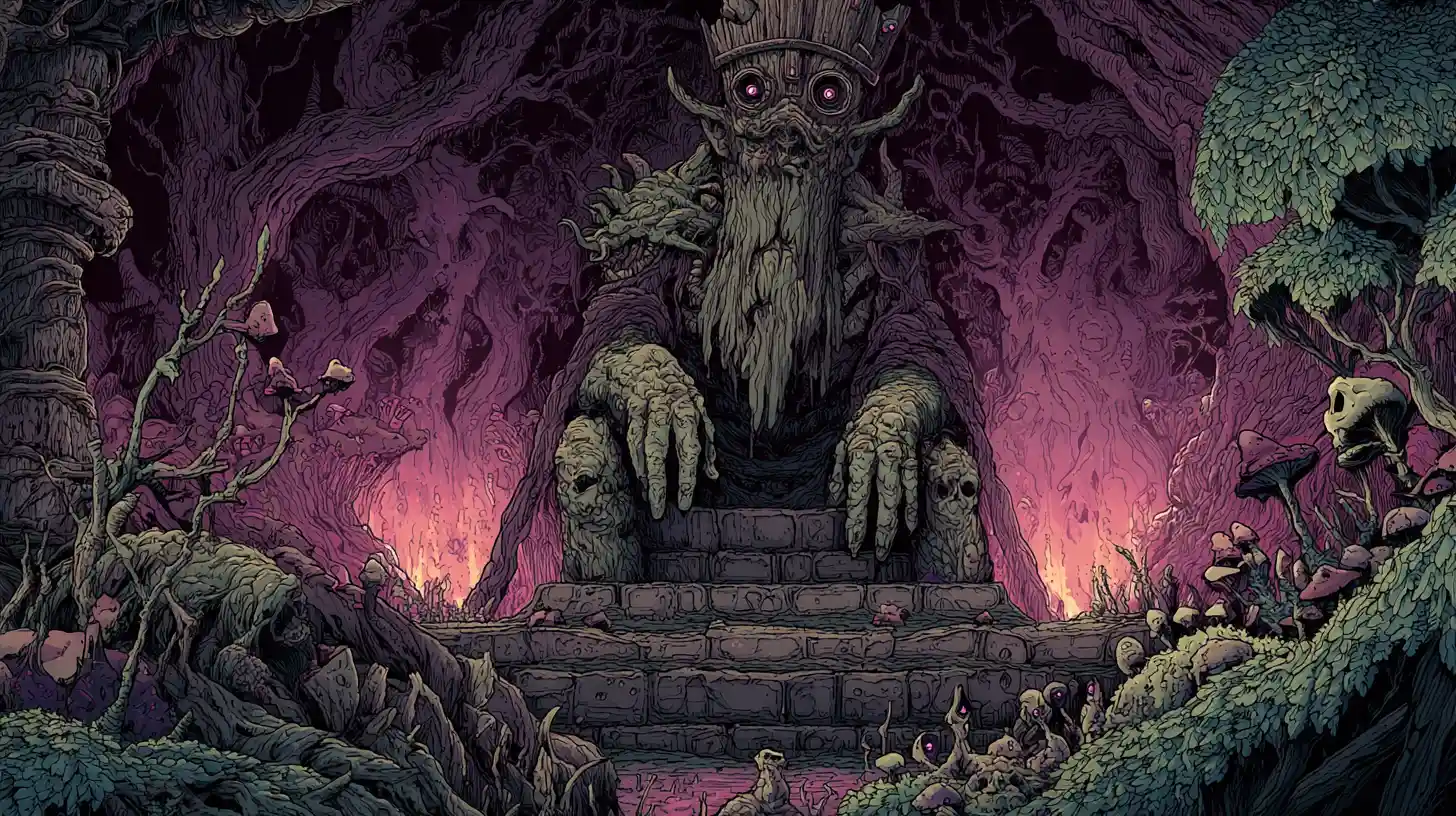 Ancient troll queen on obsidian throne in glowing cavern