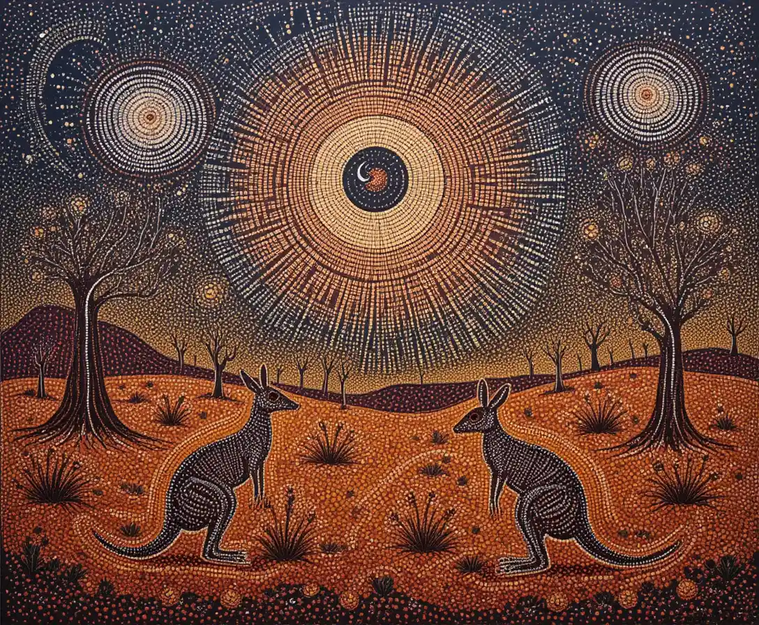 Kängurus unter sternenklarem Wüstenhimmel als Dot-Painting