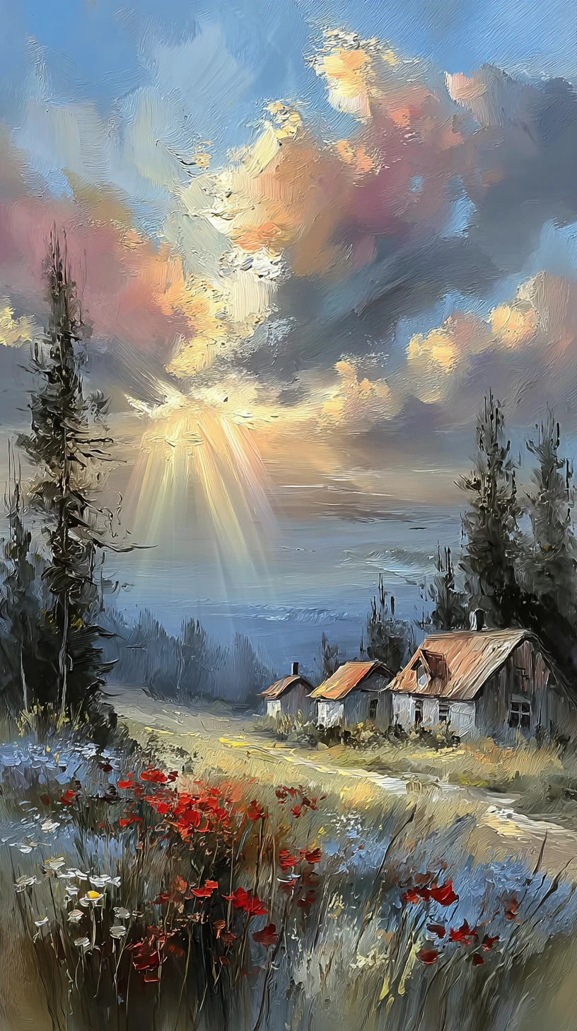 Cottage di campagna illuminati dal sole sotto un cielo luminoso dell’alba