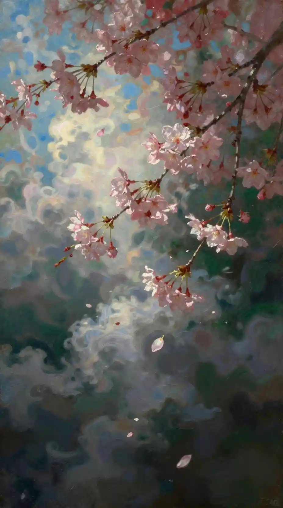Romantic sakura blossoms in soft atmospheric digital painting