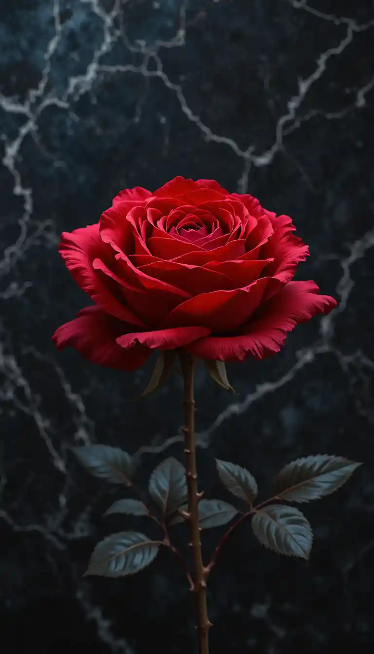 Red rose on black marble in dramatic vintage style