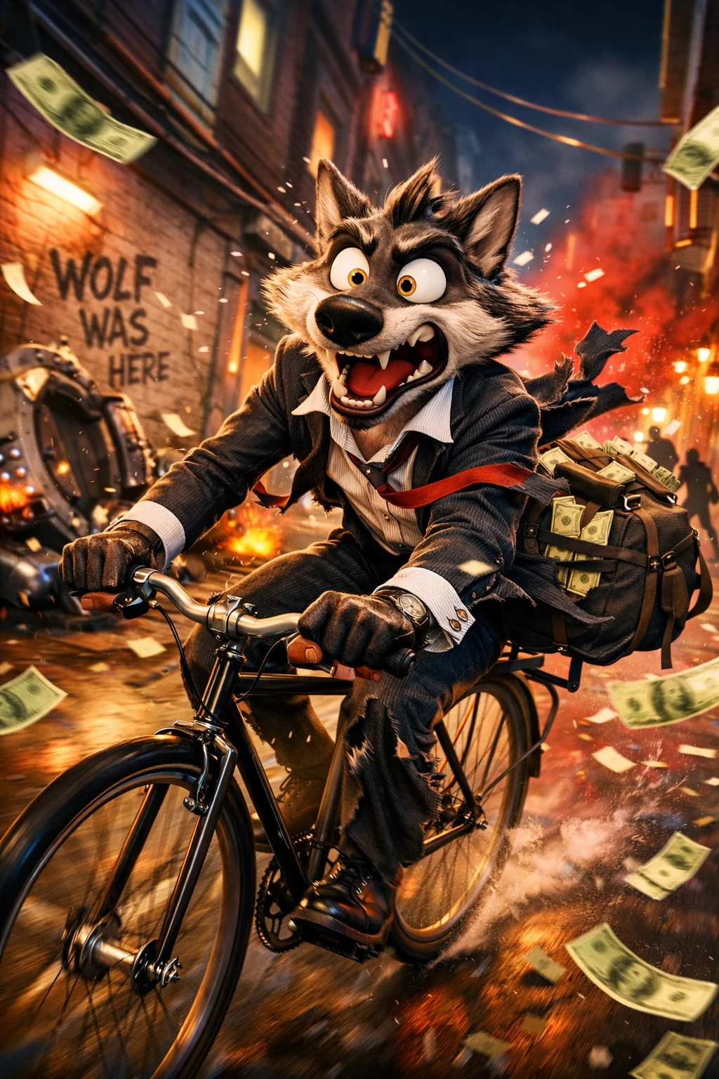 Panicked wolf thief racing a bicycle through neon alley