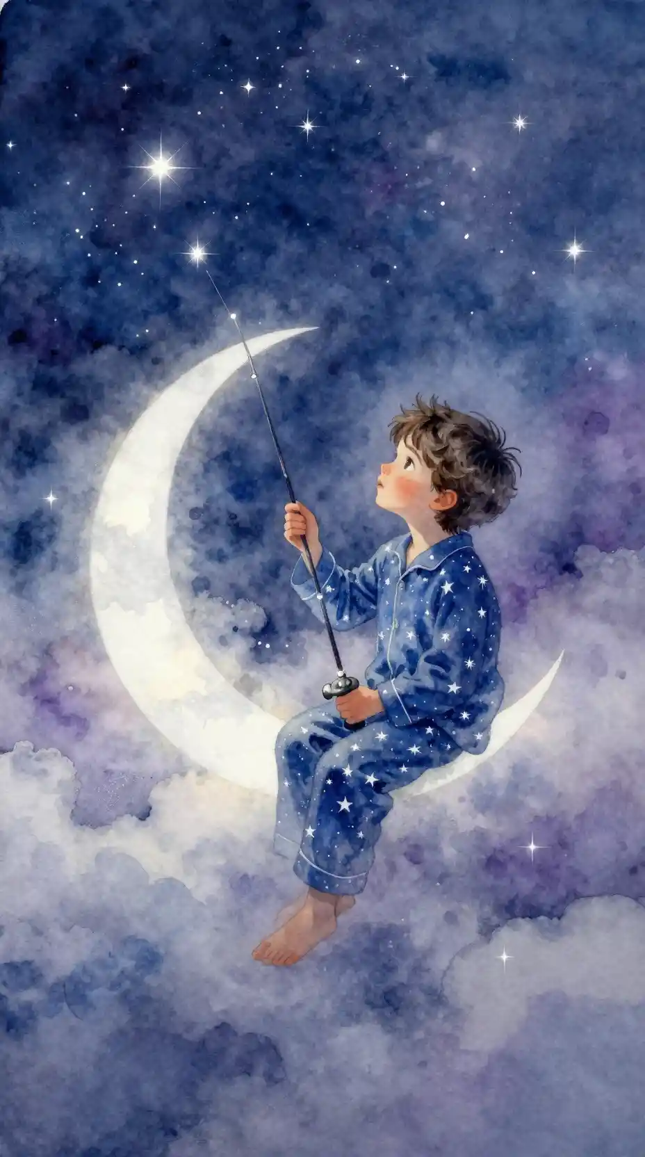 Niño pescando estrellas desde una luna creciente
