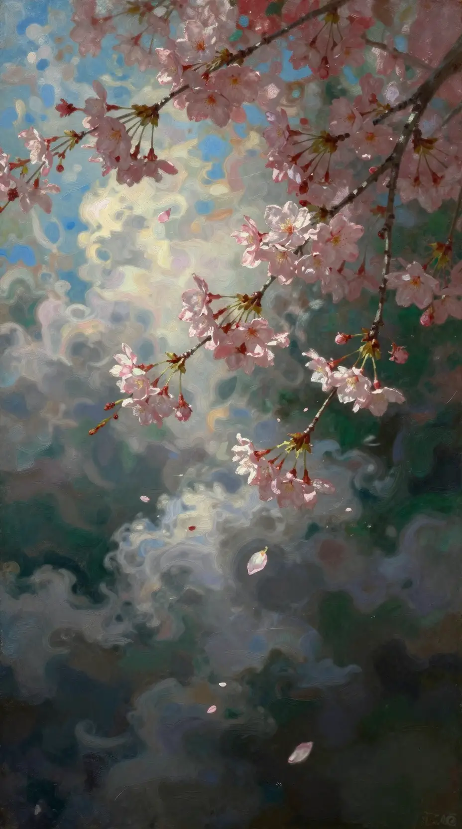 Romantic sakura blossoms in soft atmospheric digital painting