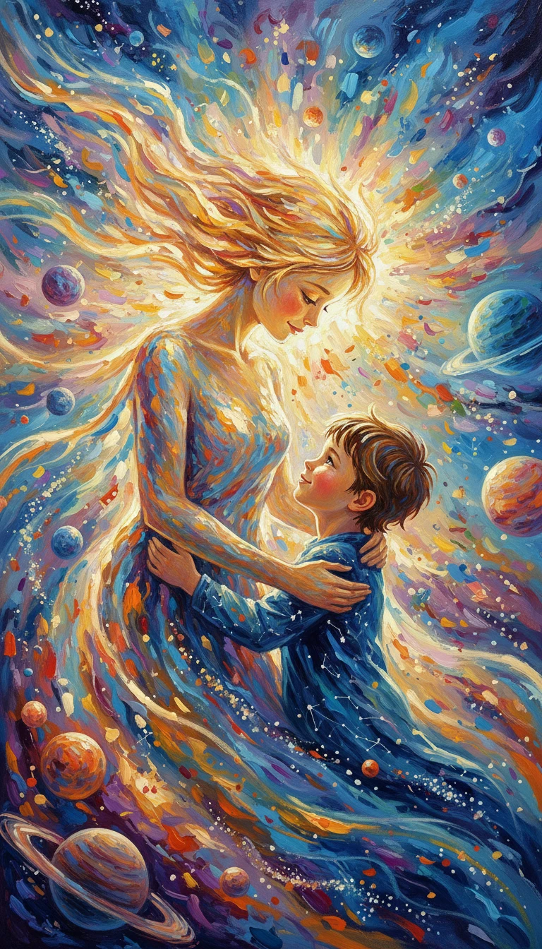 Stella luminosa che abbraccia un bambino tra colori vorticosi