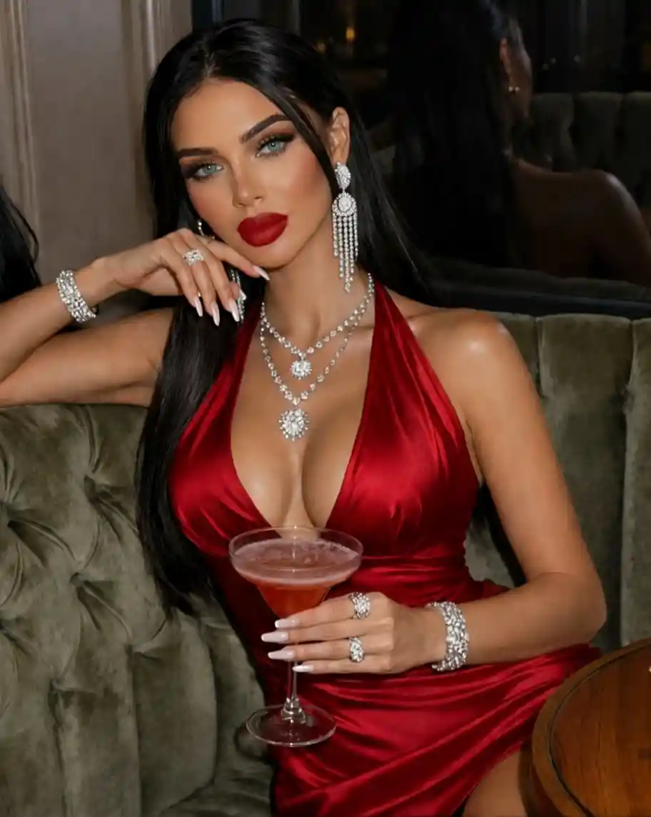 Donna glamour con abito di raso rosso in un elegante bar