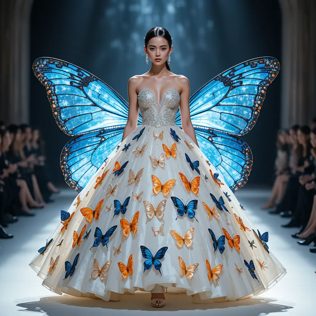Butterfly couture gown model walking toward the camera