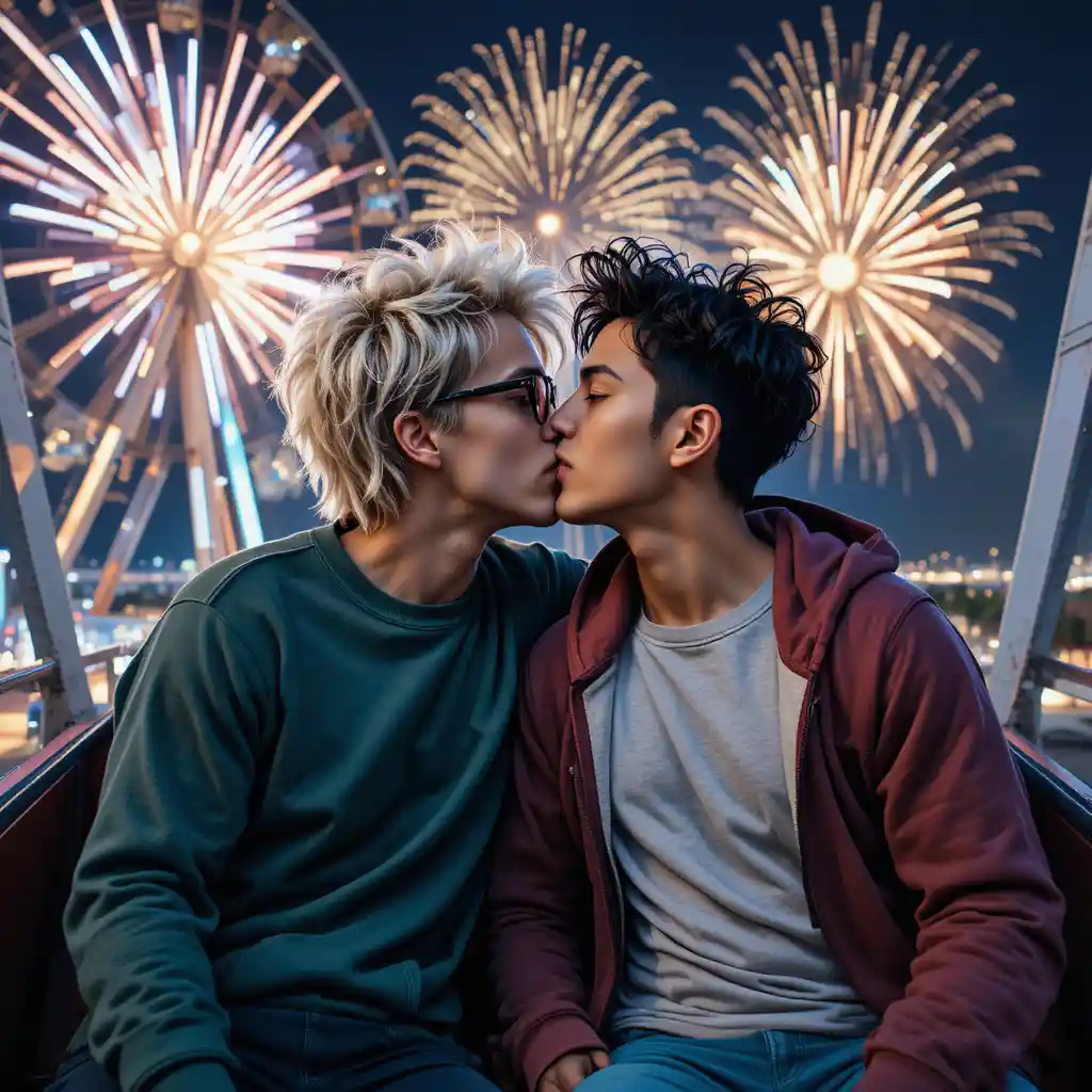 Two young men kissing on a ferris wheel under fireworks
