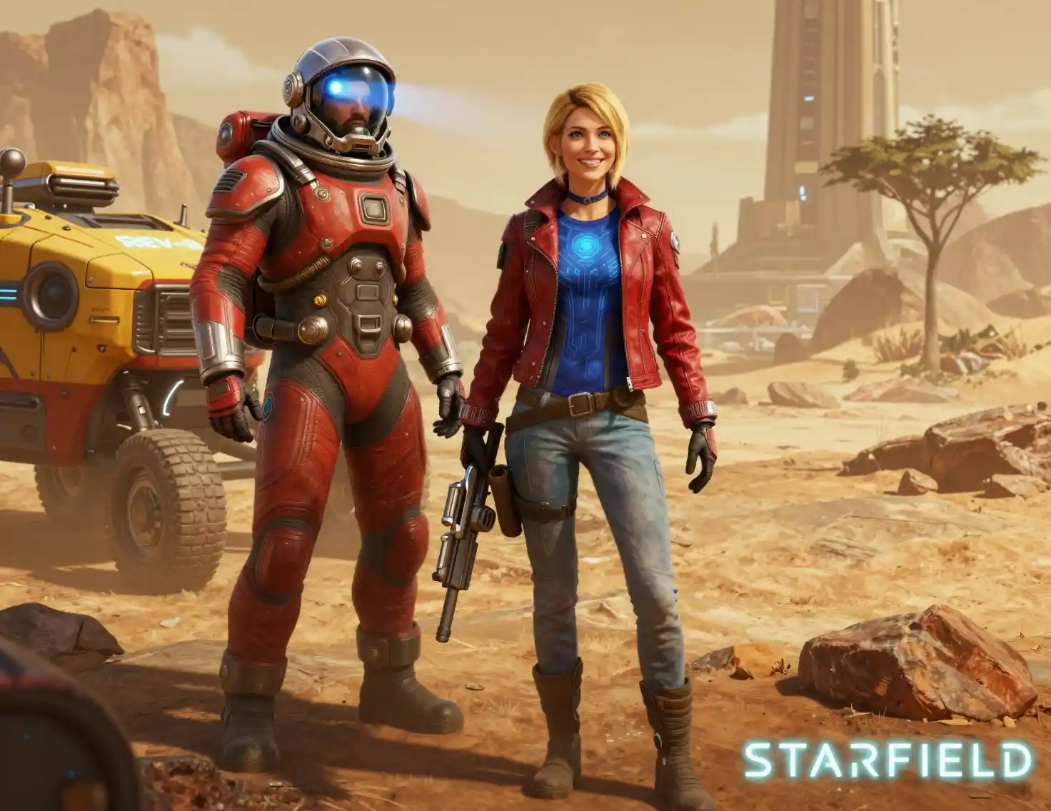 Confident Space Explorer Walking Across Alien Desert
