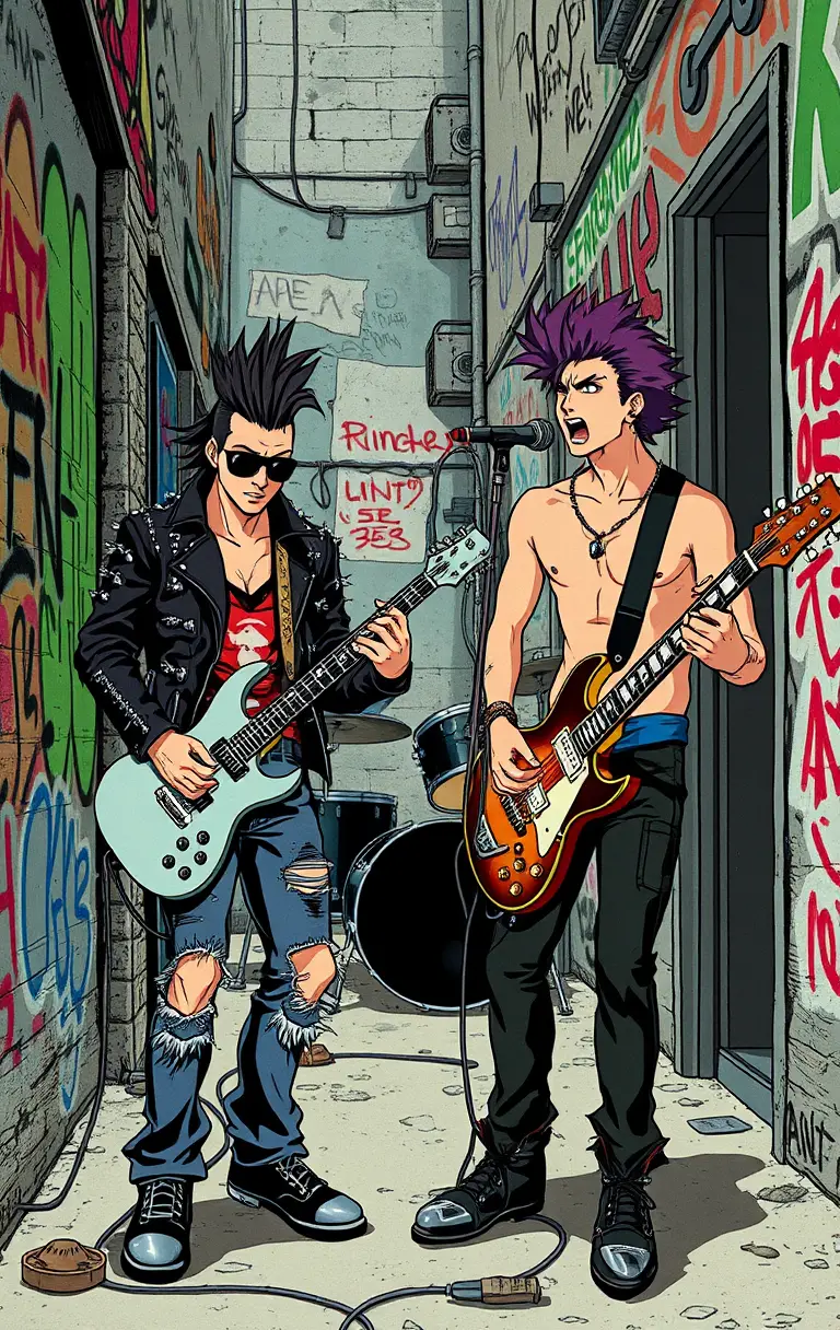 Punk rock duo jamming on guitars in a graffiti alley