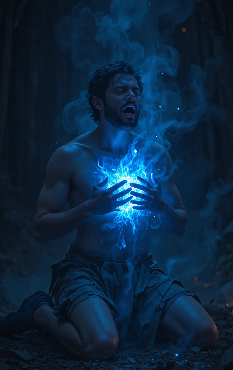 Kneeling man clutching his chest with blue inner fire