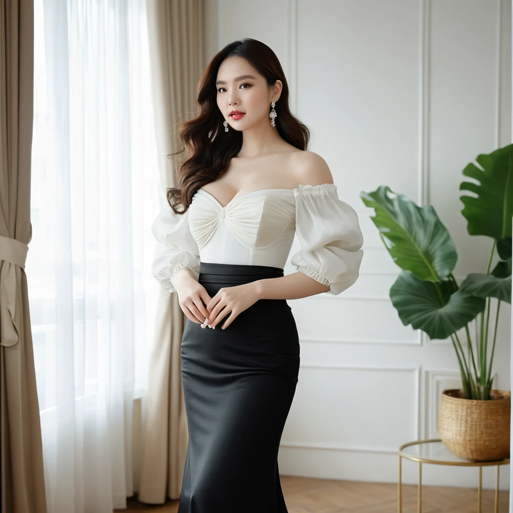 Vietnamese model in elegant off shoulder blouse and skirt