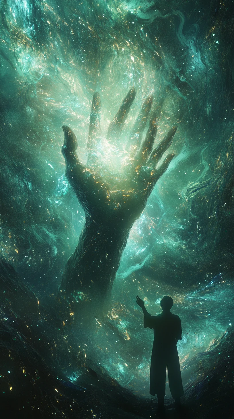 Göttliche Hand, die ein Universum in einem surrealen Kosmos hält