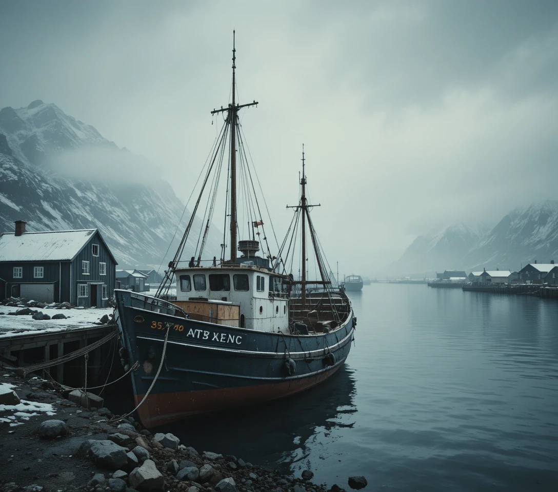 Vieux bateau de pêche dans un port arctique embrumé avec montagnes