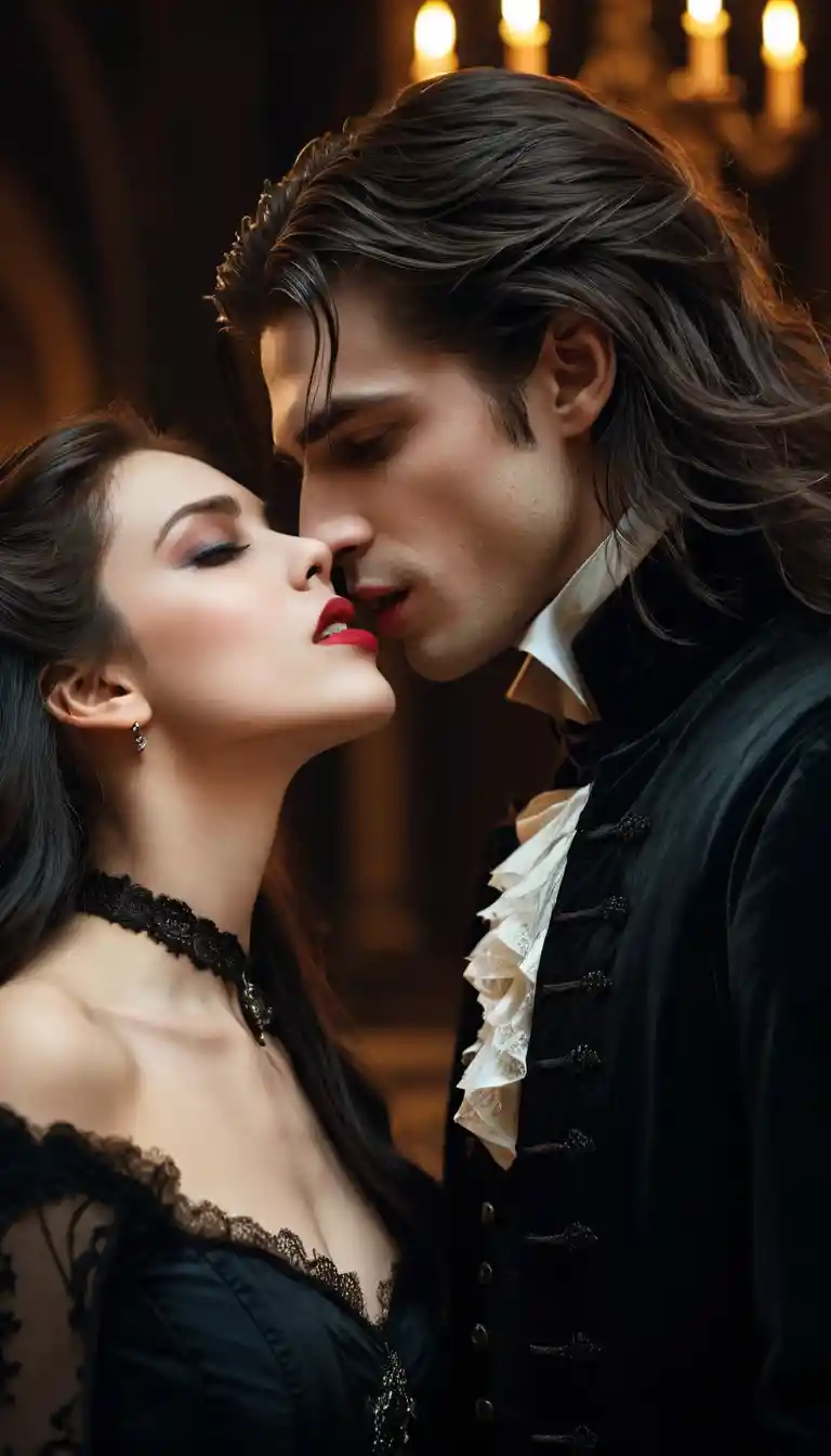 Vampire lover kissing a woman in a gothic embrace
