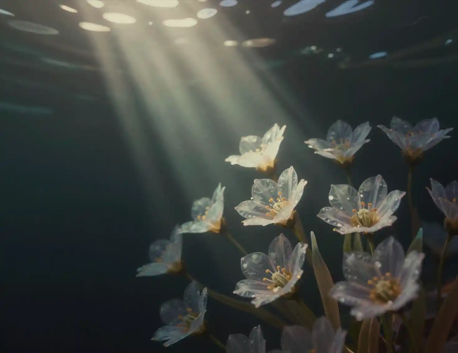 Transparente Blumen, die in einer dunklen Unterwasserszene schweben