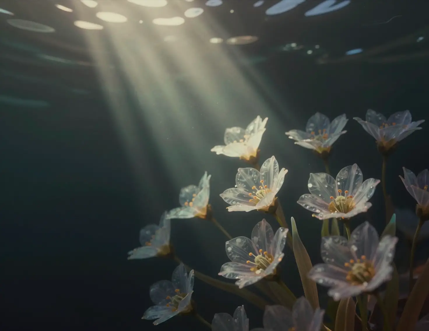 Translucent Flowers Floating In A Dark Underwater Scene