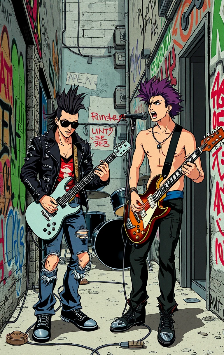 Dúo de punk rock tocando guitarras en un callejón con grafitis