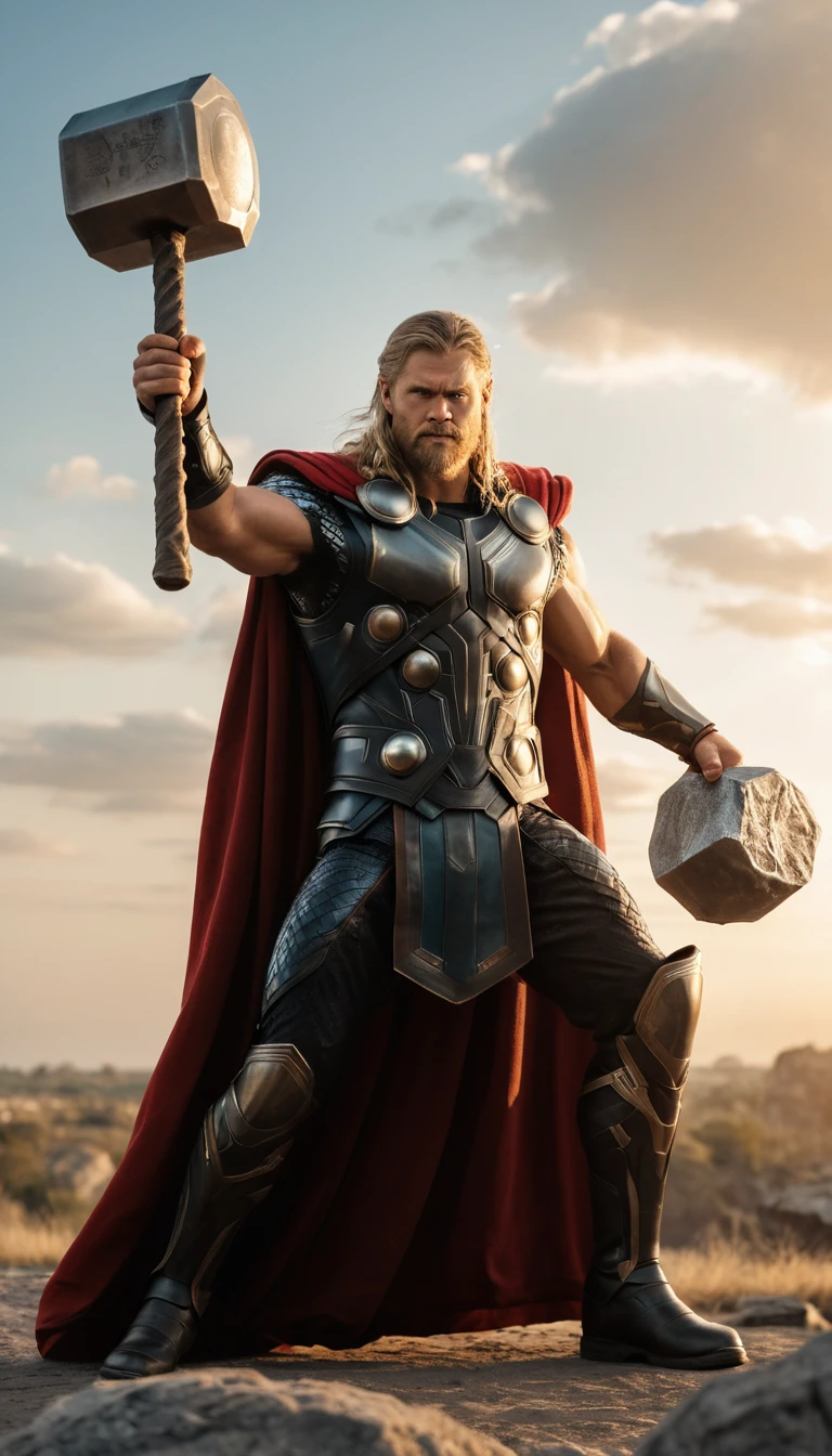 Warrior man holding hammer and mace at golden hour