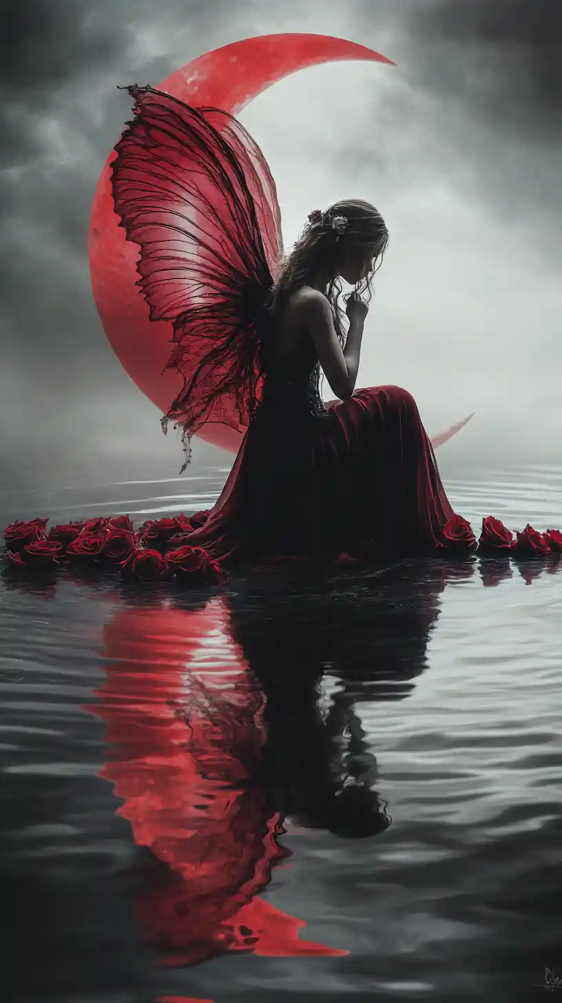 Fairy By Broken Crescent Moon Over Dark Reflective Water