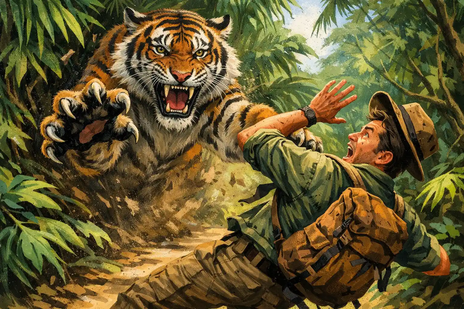Bengal tiger lunging at a frightened man on jungle path