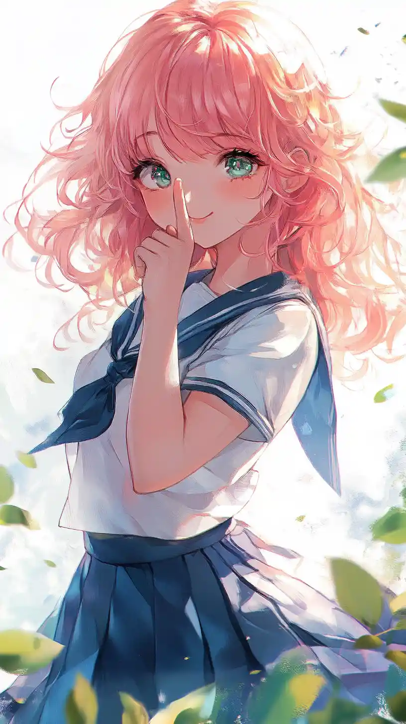 Pink haired anime schoolgirl winking with playful shushing gesture