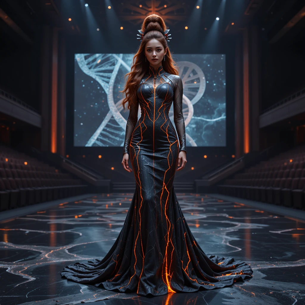 Reina de belleza coreana con vestido de obsidiana que brilla como luz fundida