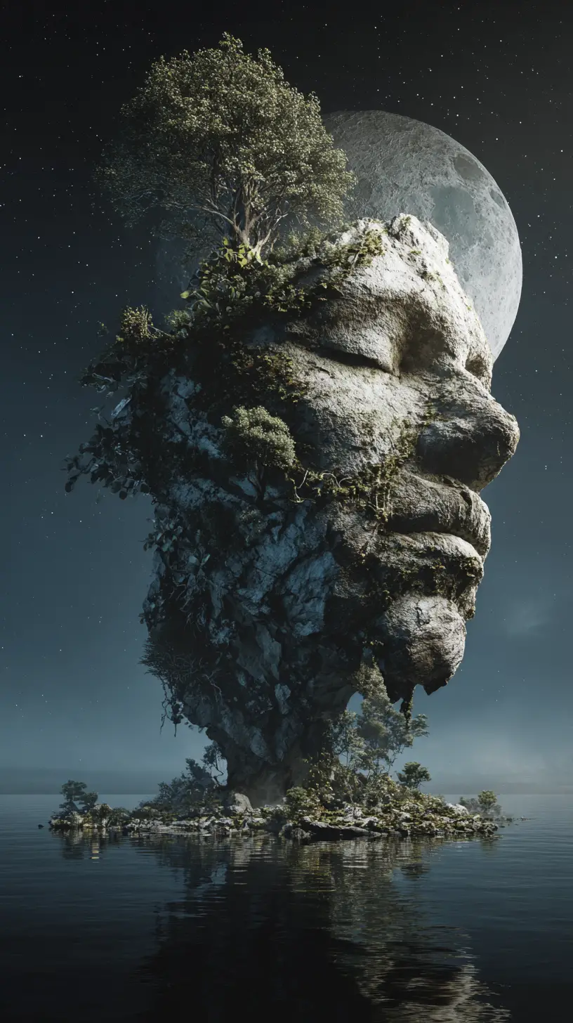 Surreal human face island under a tranquil starry sky