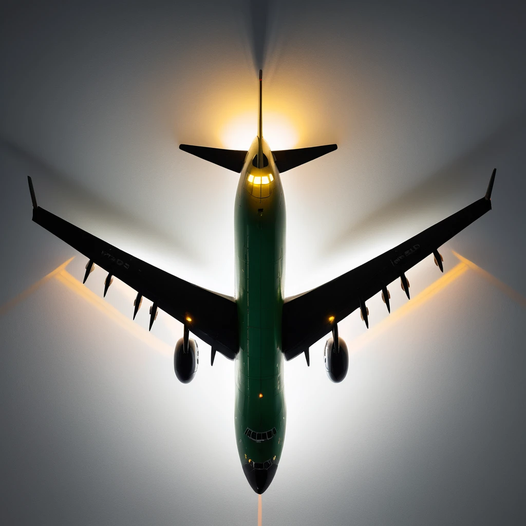 Silueta de avión en la pared con halo de luz cálida