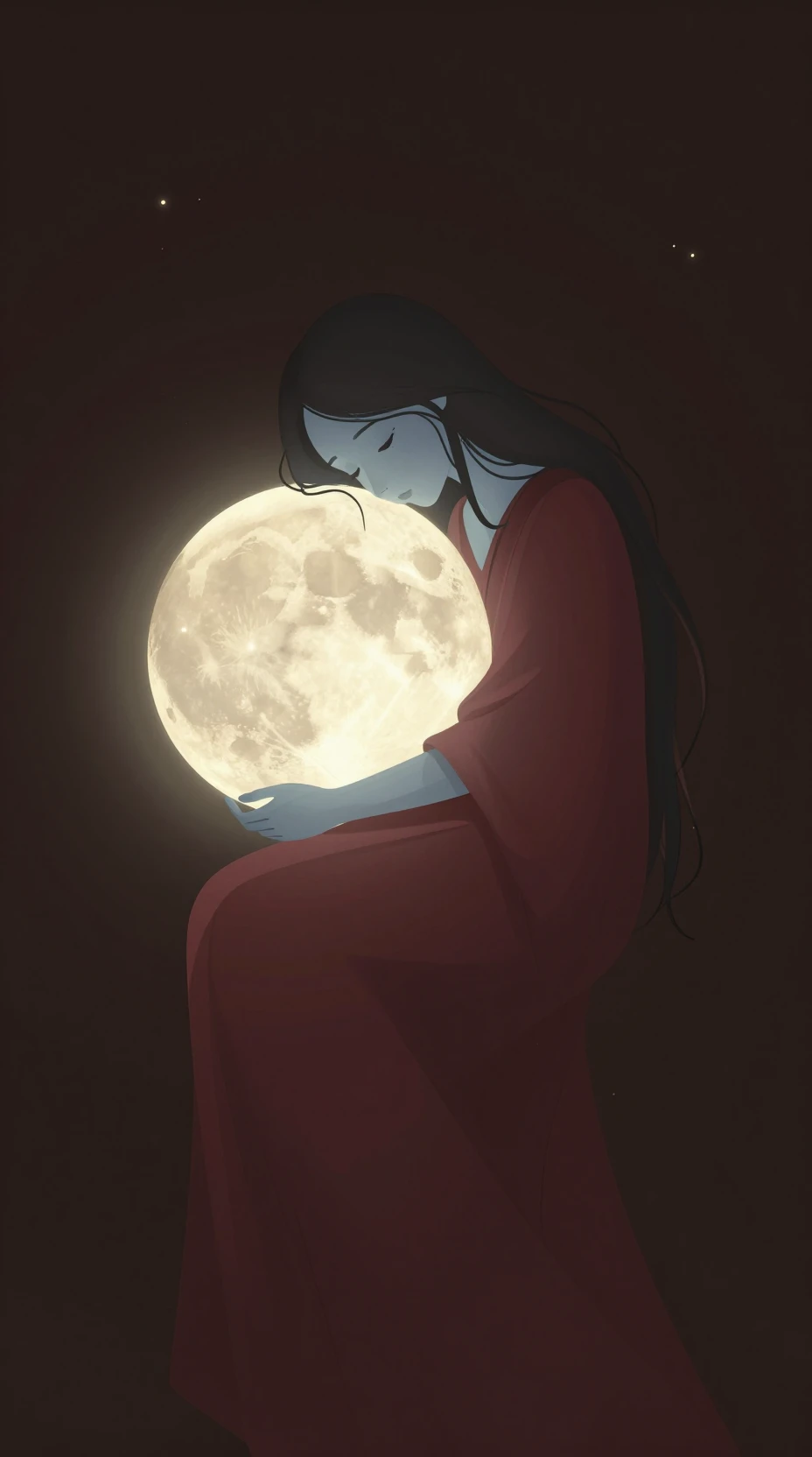 Ethereal figure embracing a glowing moon in cosmic night