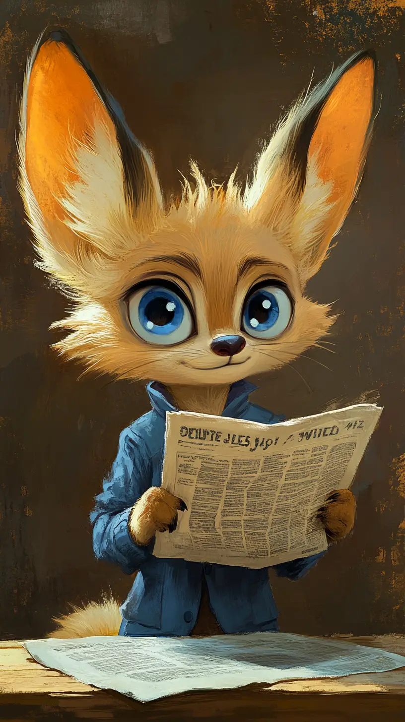 Cartoon Fennec Fox Reading A Newspaper At Wooden Table