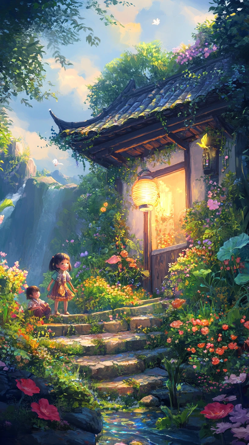Traditional waterfall house with children on stone steps