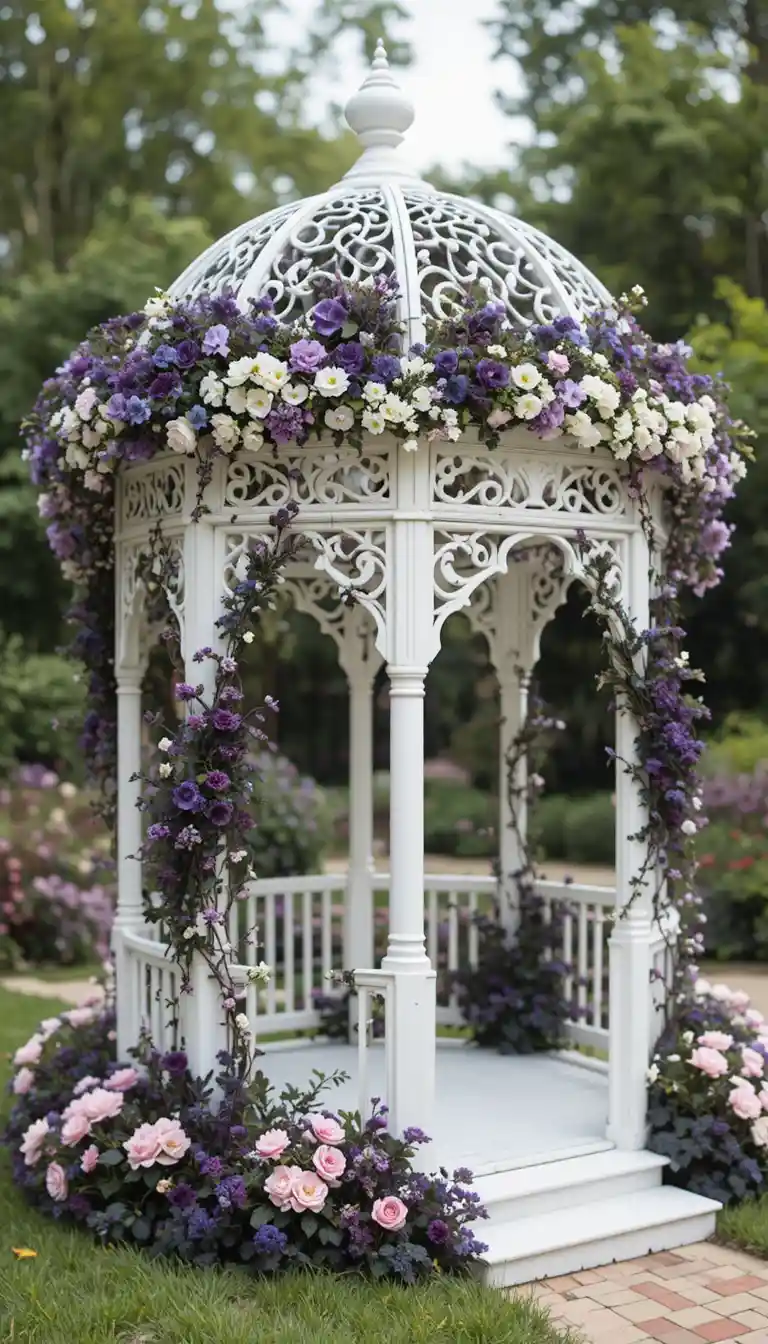 White garden gazebo adorned with purple and pink flowers