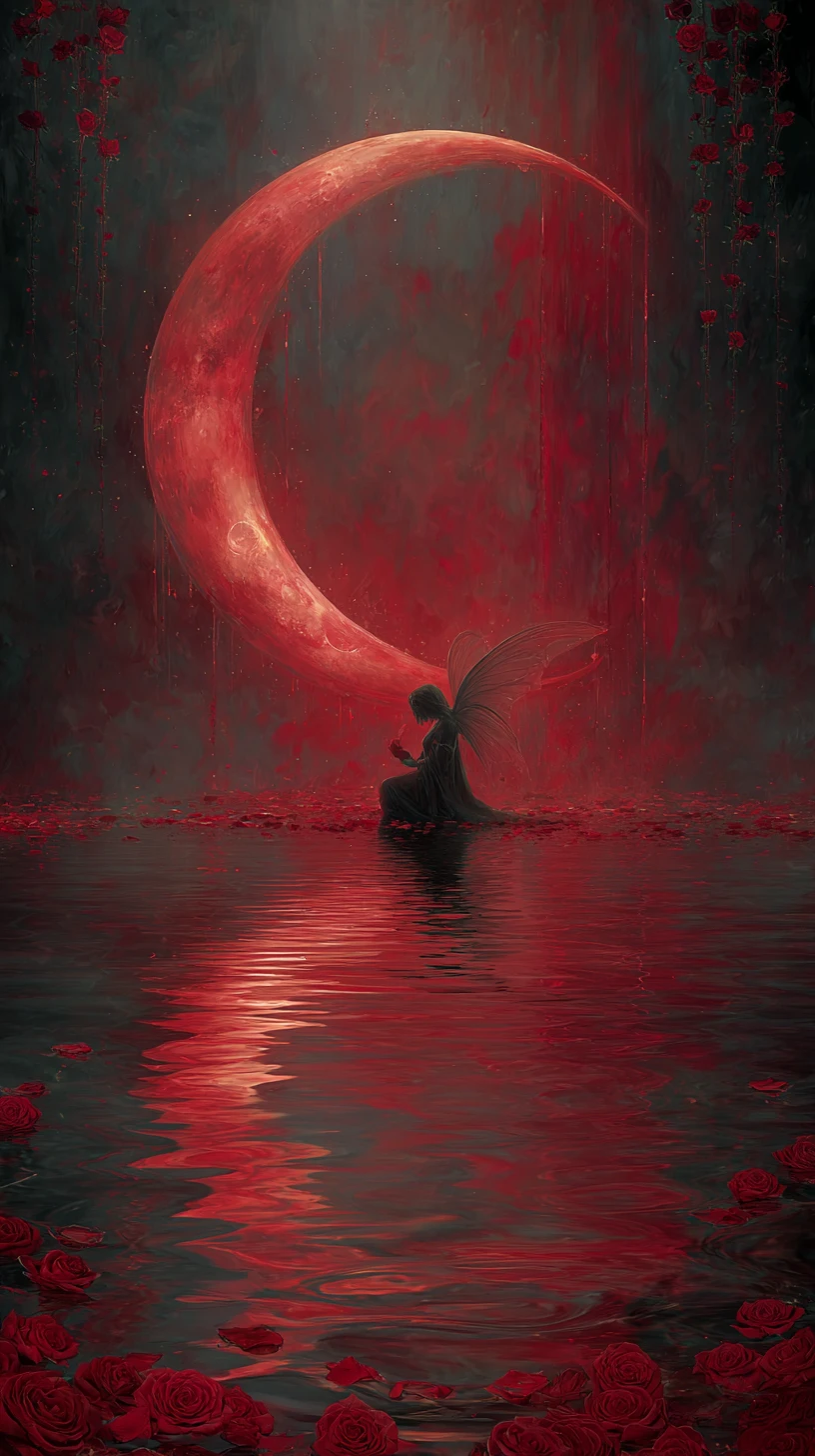 Fairy Kneeling By Broken Crescent Moonlit Black Water