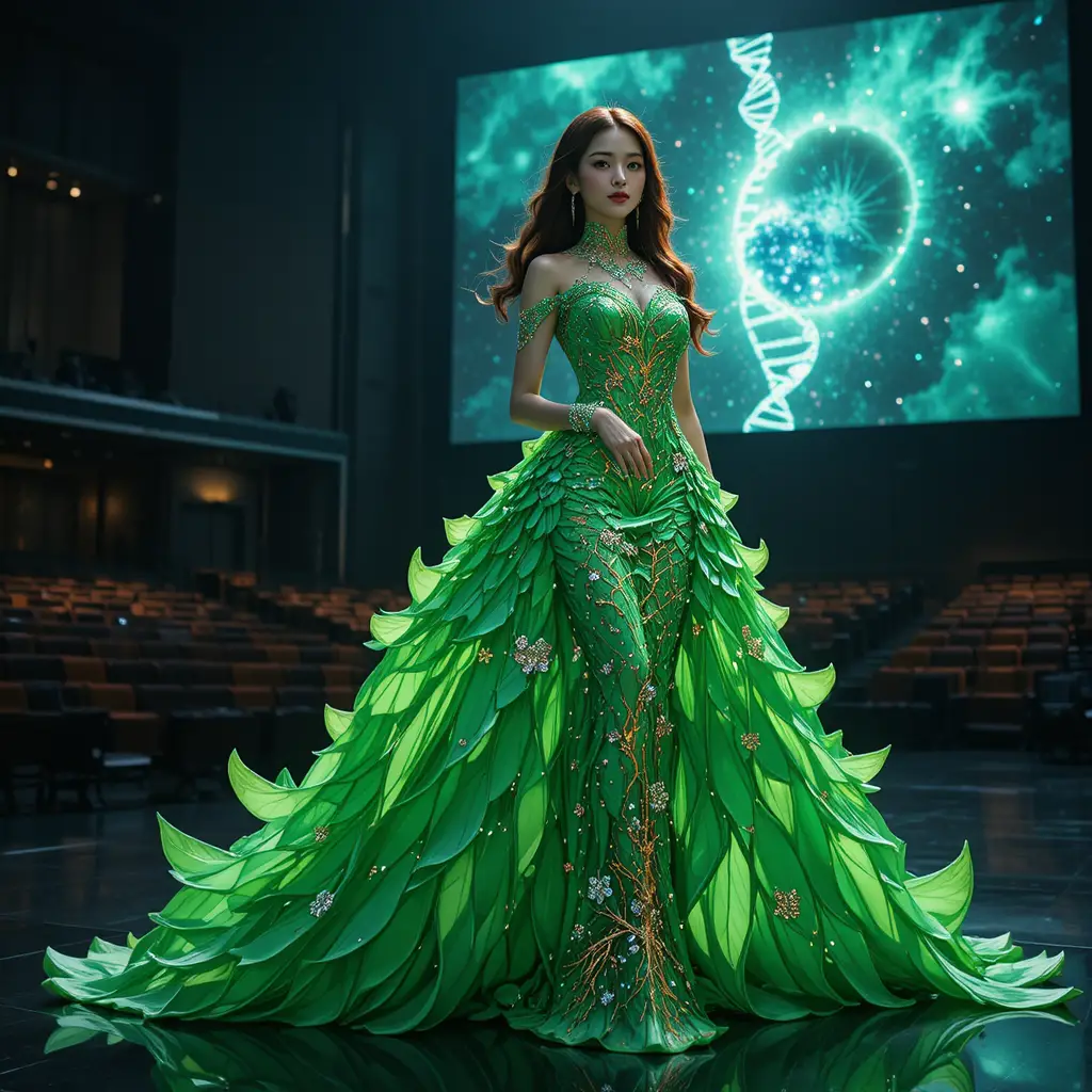 Concursante coreana de certamen de belleza con vestido de hojas esmeralda en el escenario