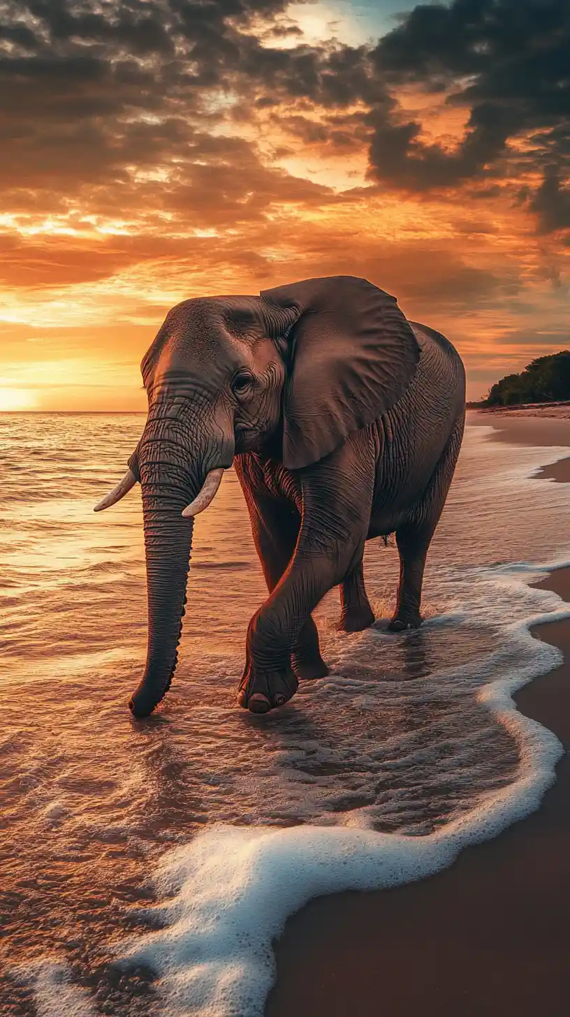 Young elephant walking along a tropical beach at sunset