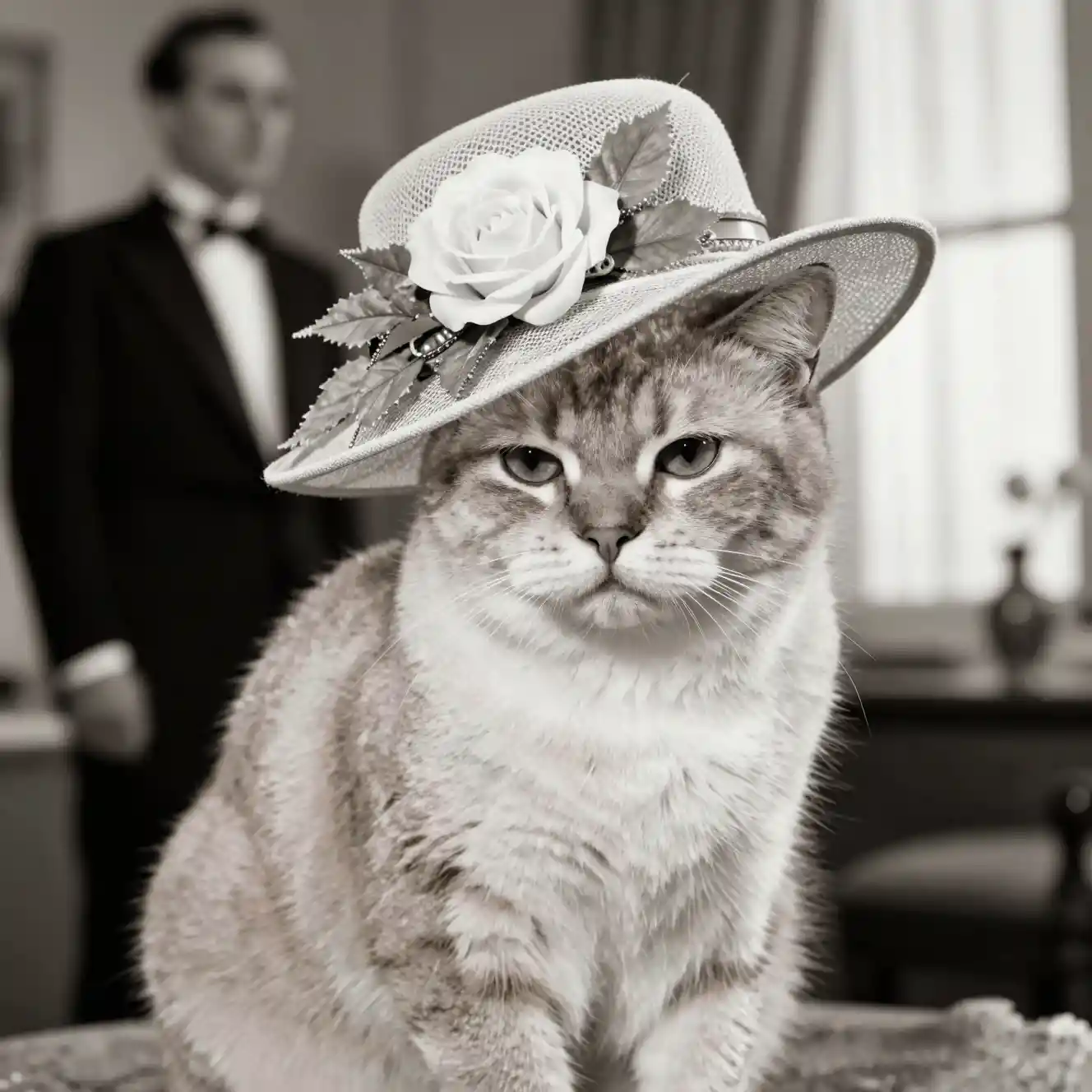 Fluffy cat in vintage hat in classic black and white portrait