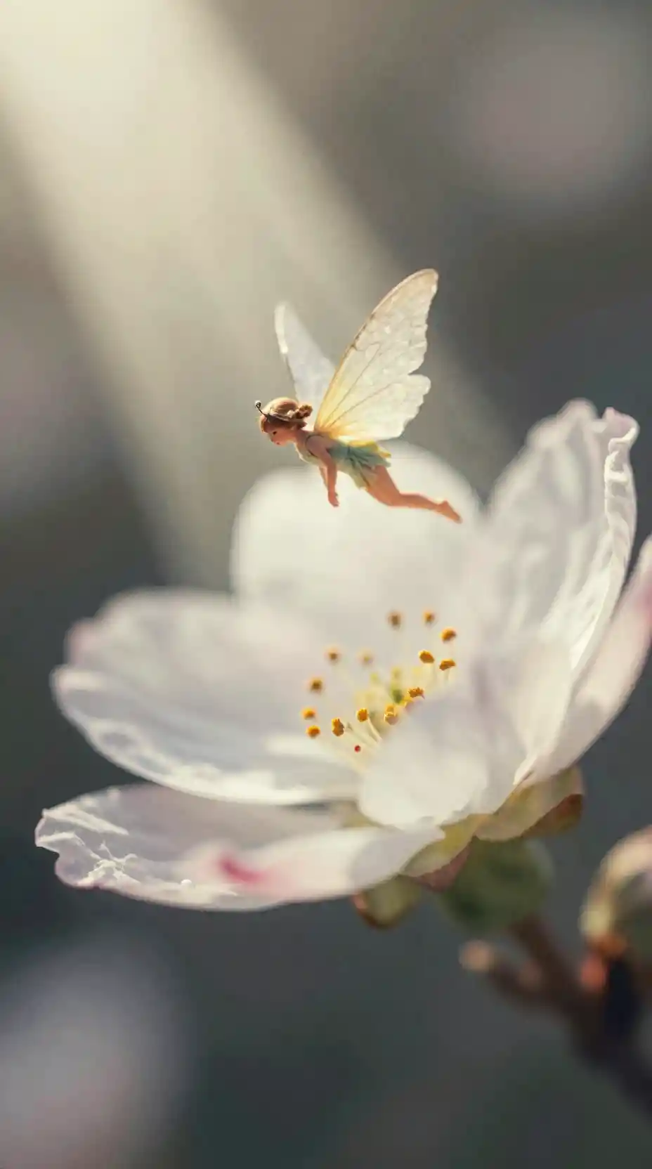Tiny ethereal fairy flying above glowing blooming flowers