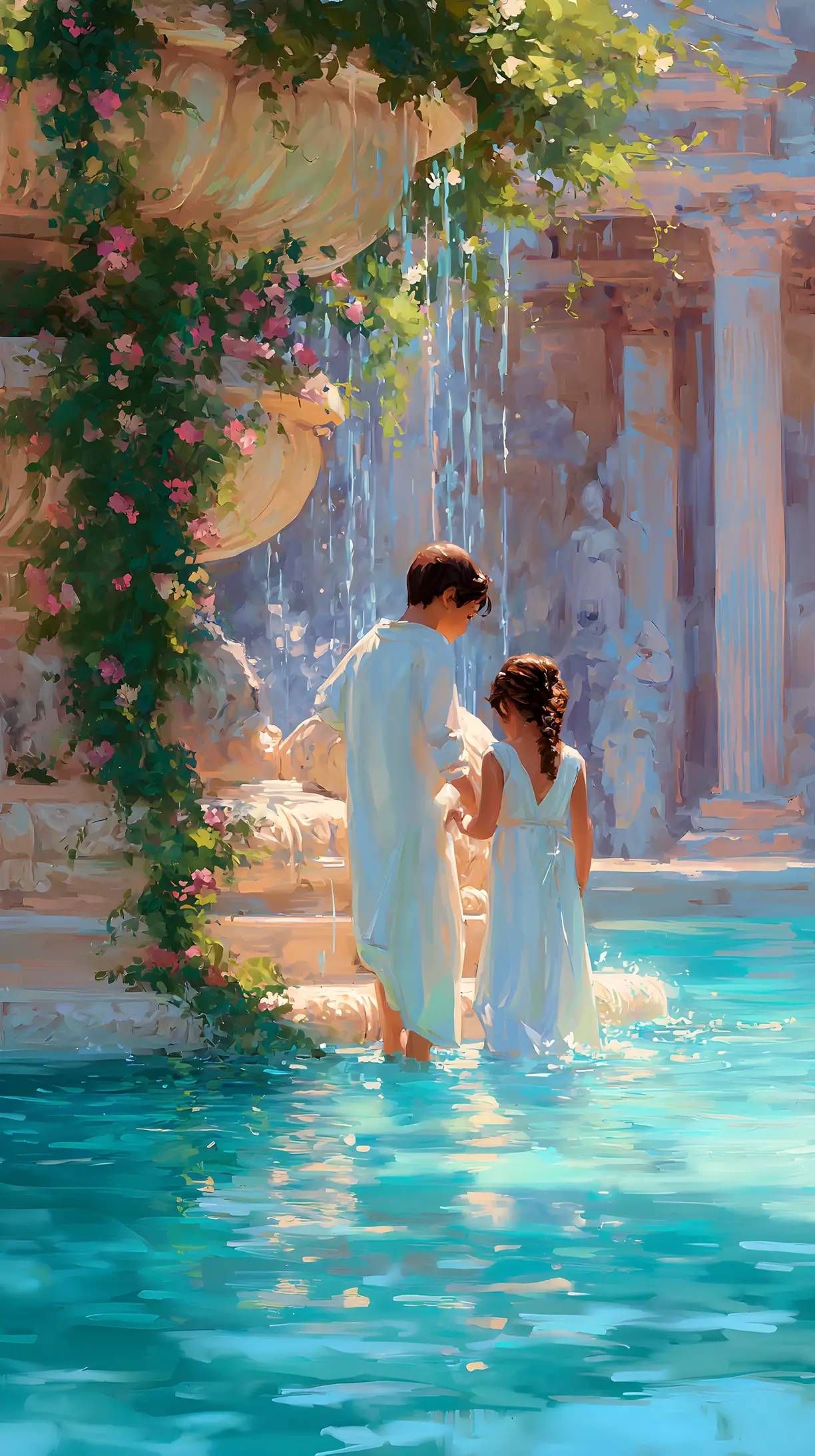 Boy and girl in white gowns by a sunlit fountain