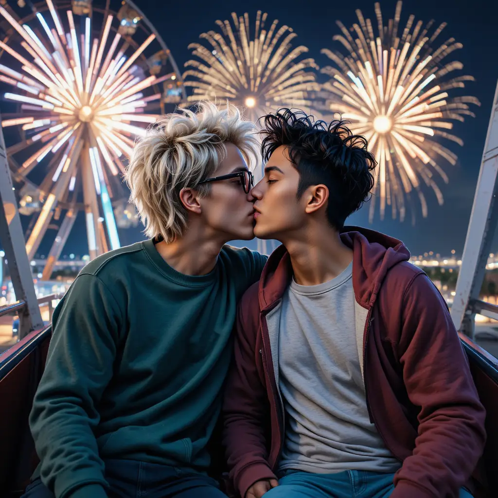 Dois jovens se beijando na roda-gigante sob fogos de artifício